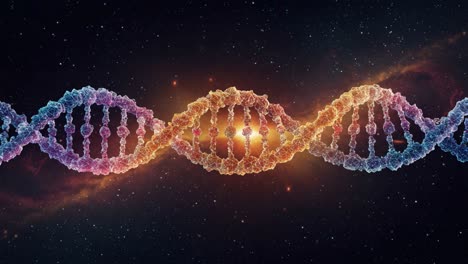 a stunning visualization of dna helix in a cosmic setting, illustrating the intricate beauty of genetic structures amidst a starry background