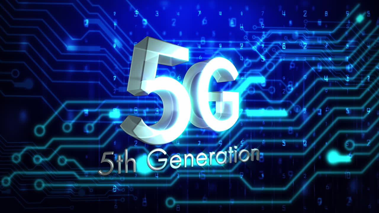 빛나는 컴퓨터 회로판 요소 위에 5g 5세대 텍스트의 애니메이션