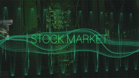 animation of stock market text in green over network and data processing on black background