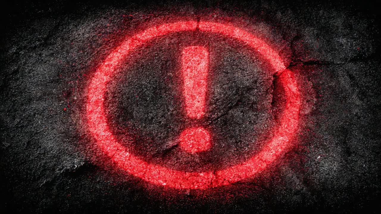 Vibrant Red Warning Symbol on Cracked Dark Surface: A Visual Reminder of Caution and Alertness in Urban Environments