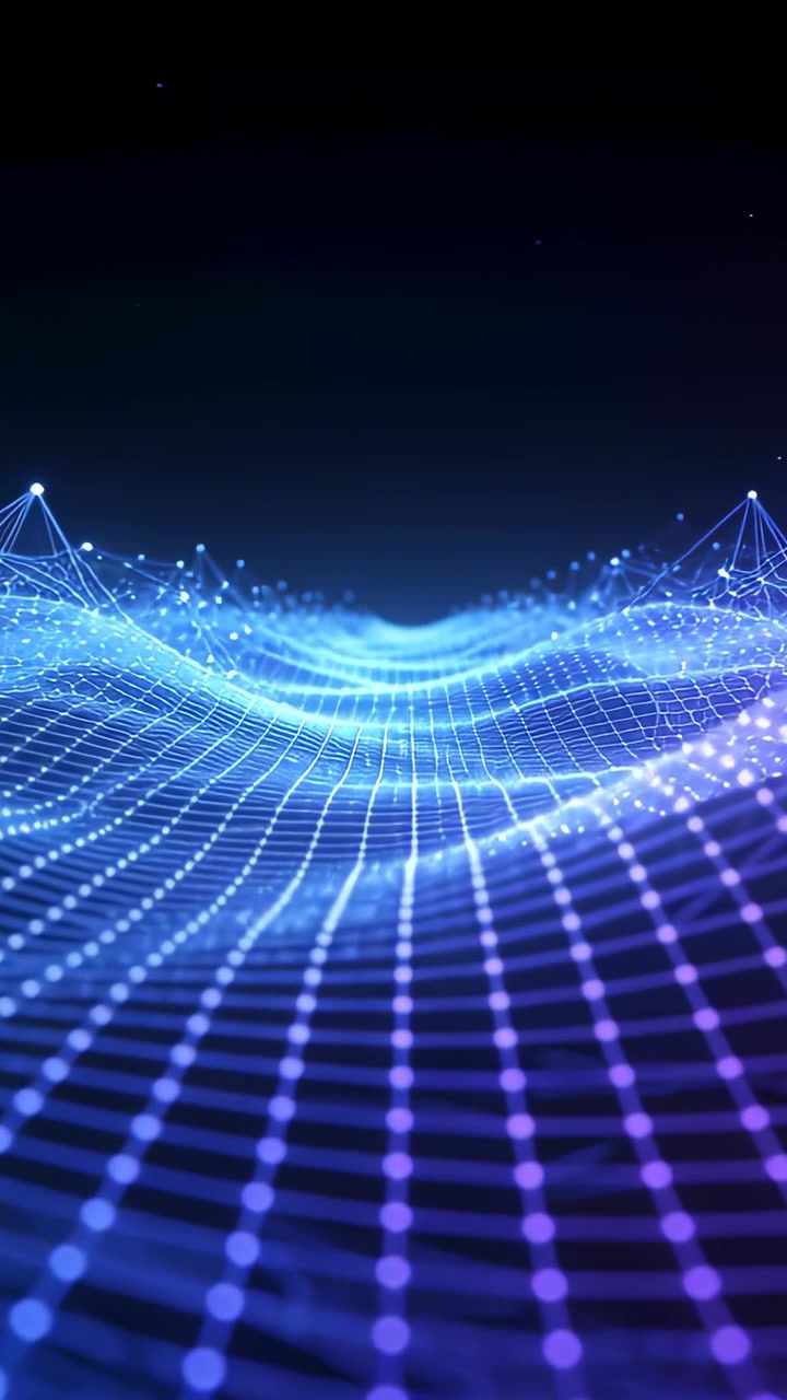 Vertical video: Starting playback, pulsing mesh moving through dark void, lighting nodes and sparks