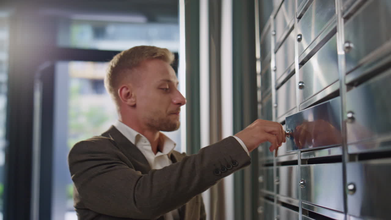 행복한 사업가가 편지를 읽고, 미소 짓는 남자가 기하며, 잠금실을 닫는다.