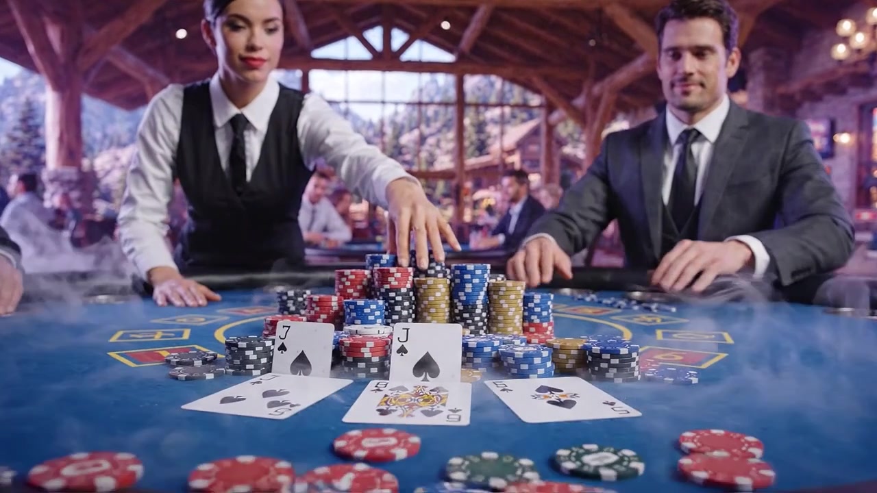 Yoğun Poker Hesaplaşması: Yüksek bahisli oyuncular arasında şık bir düello ve çeşitli renkli fişler ile kartlar içeren canlı bir kumarhane fonu