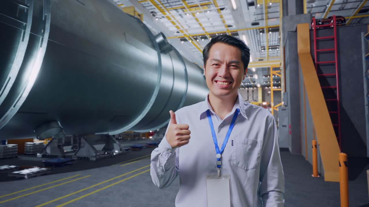 공장에서 엄지손가락을 올리는 엔지니어