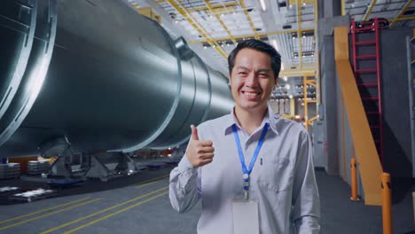 ingeniero dando pulgares hacia arriba en una fábrica