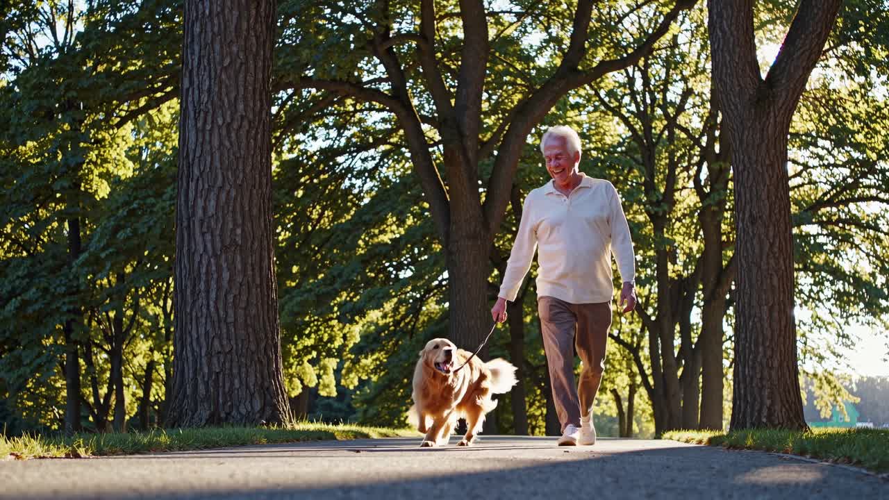 A low-angle video captures a joyful elderly man walking his dog in a sunlit park, surrounded by tall