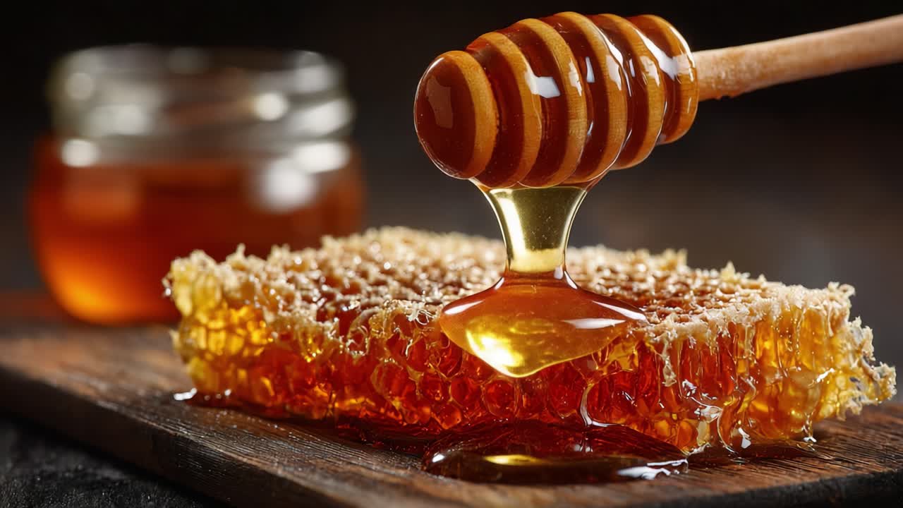 Lasciati Avvolgere dalla Ricchezza della Natura: Un Primo Piano Estetico di Miele Dorato che Cola da un Favo su uno Sfondo di Legno Rustico.
