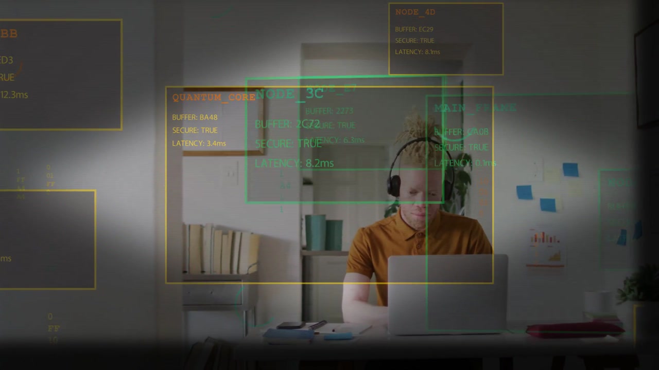 Man typing on laptop and bringing QUANTUM_CORE overlays, framing shelf and tracking tech latency