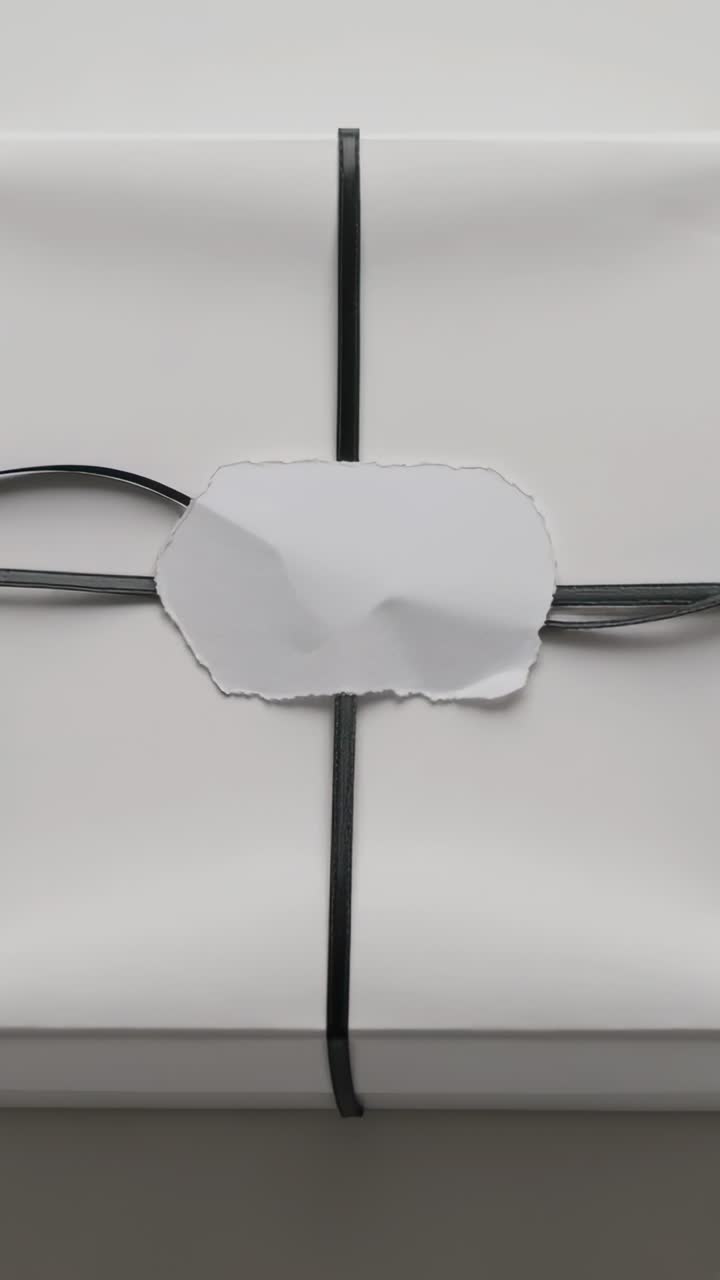 Vertical video: Filming cam capturing wrapped parcel on pale shelf with straps, torn label for sale