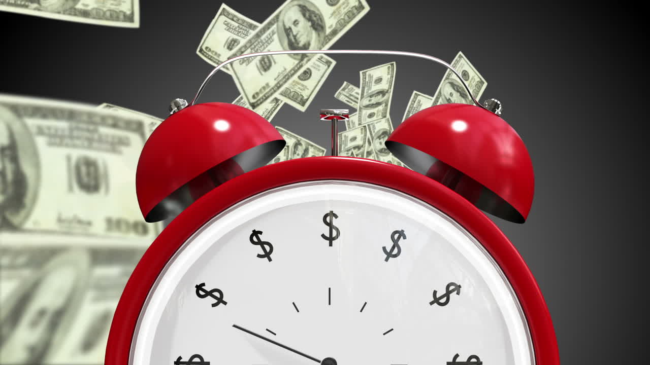 billetes de dólar cayendo con el reloj despertador