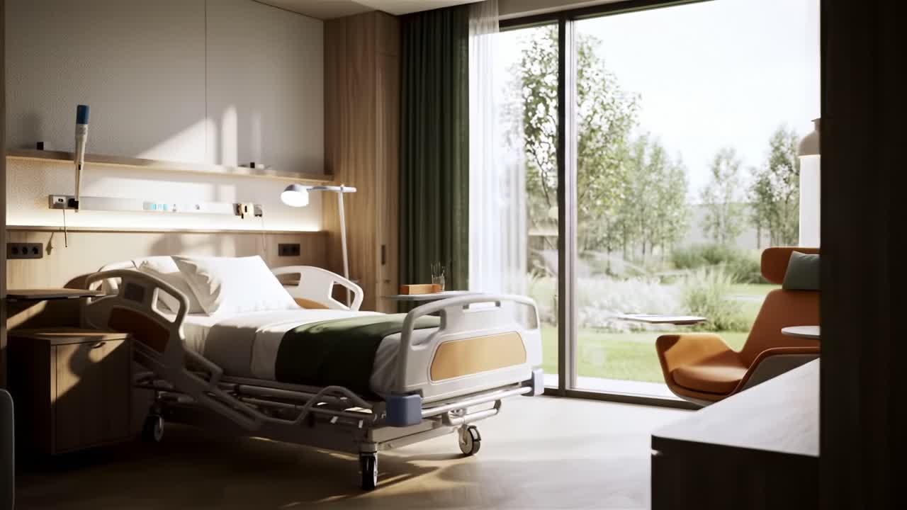 A serene hospital room designed for patient comfort, featuring a well-equipped bed, natural light streaming through large windows, and a calming view of the surrounding greenery
