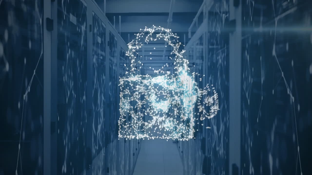 Digital cloud network animation over server racks in data center