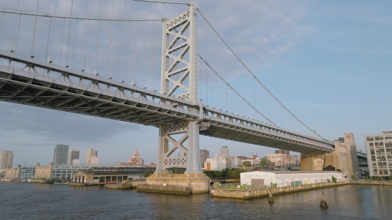 Aerial view of Philadelphia's Ben Franklin Bridge. Shot along the Delaware River at sunrise on a summer morning