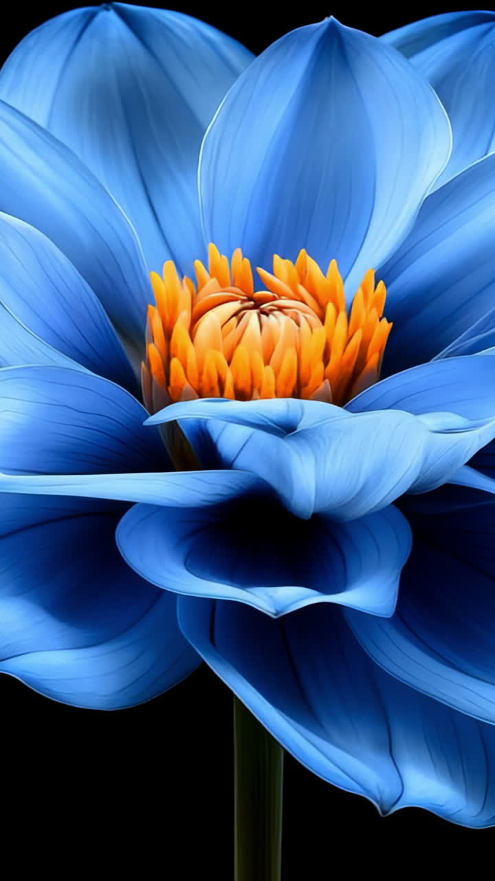 Blue lotus flower with vibrant center. A striking blue lotus flower displays its layers of petals and a vivid orange center against a dark background.