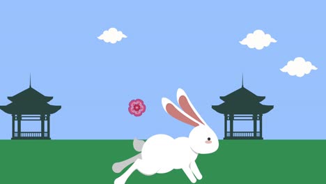 happy mid autumn festival animation with rabbit running in the camp