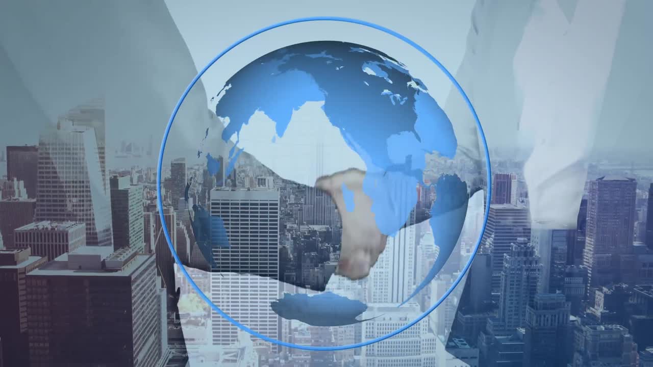 두 남자가 손을 흔들고 도시를 배경으로 한 지구