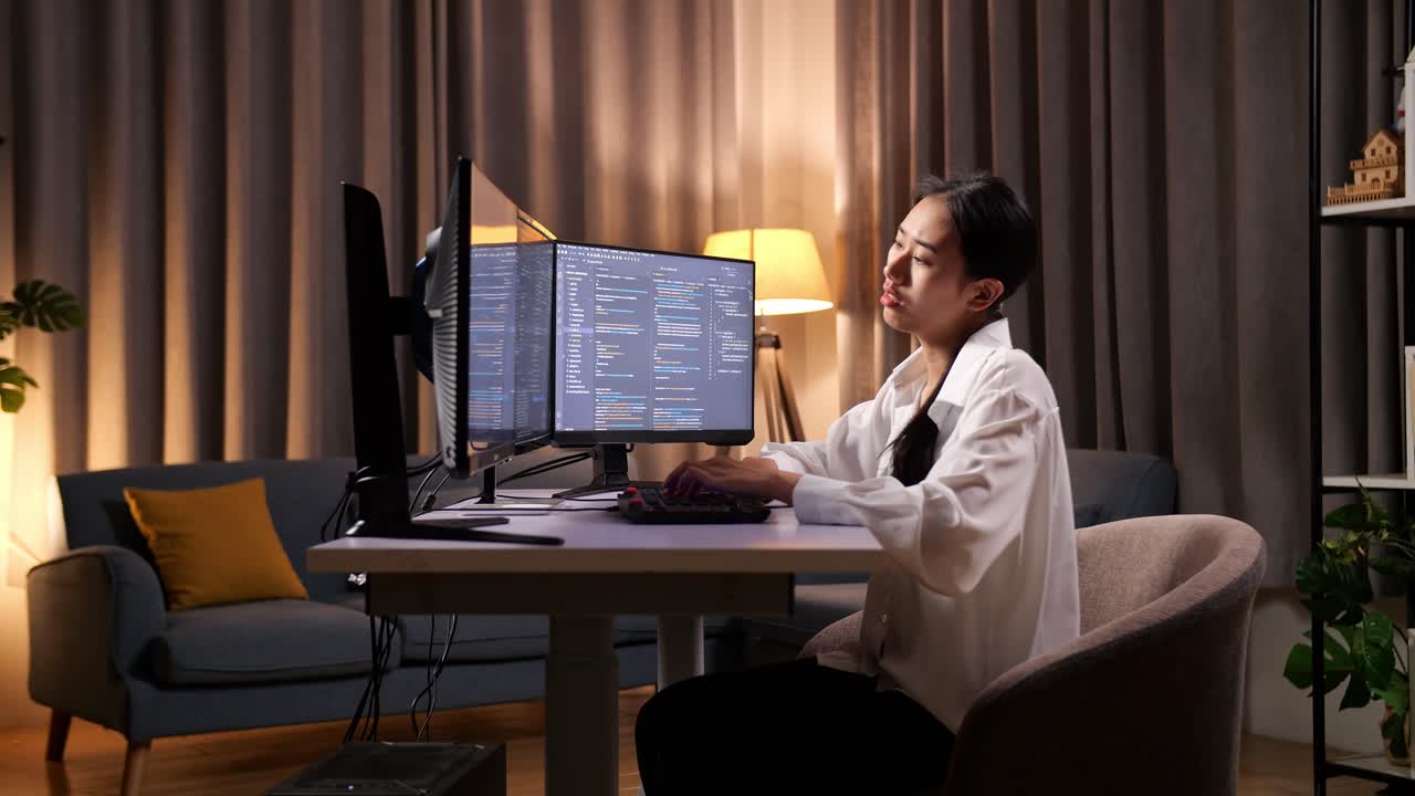 아시아 여성 프로그래머는 소프트웨어 엔지니어를 만들면서 무언가를 생각하고 집에서 데스크 컴퓨터에서 앱, 프로그램, 비디오 게임을 개발합니다. 코딩 언어와 함께 터미널