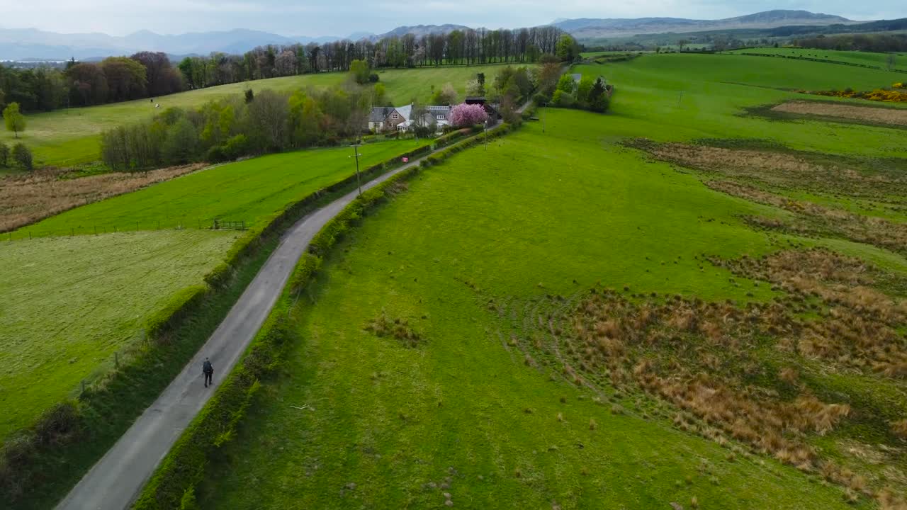 Aerial drone footage following a hiker or a tourist walking on a paved road in Scotland gorgeous green grassy and mossy landscapes during a cloudy day. Trees and small houses, hedges are also visible.