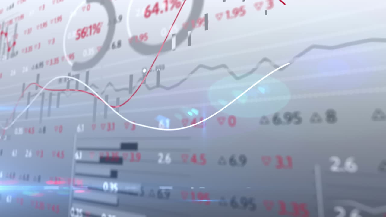 회색 배경에 빛의 반점에 대한 증권 시장 데이터 처리의 애니메이션