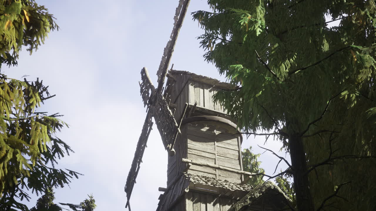 Old wooden windmill stands tall among green trees