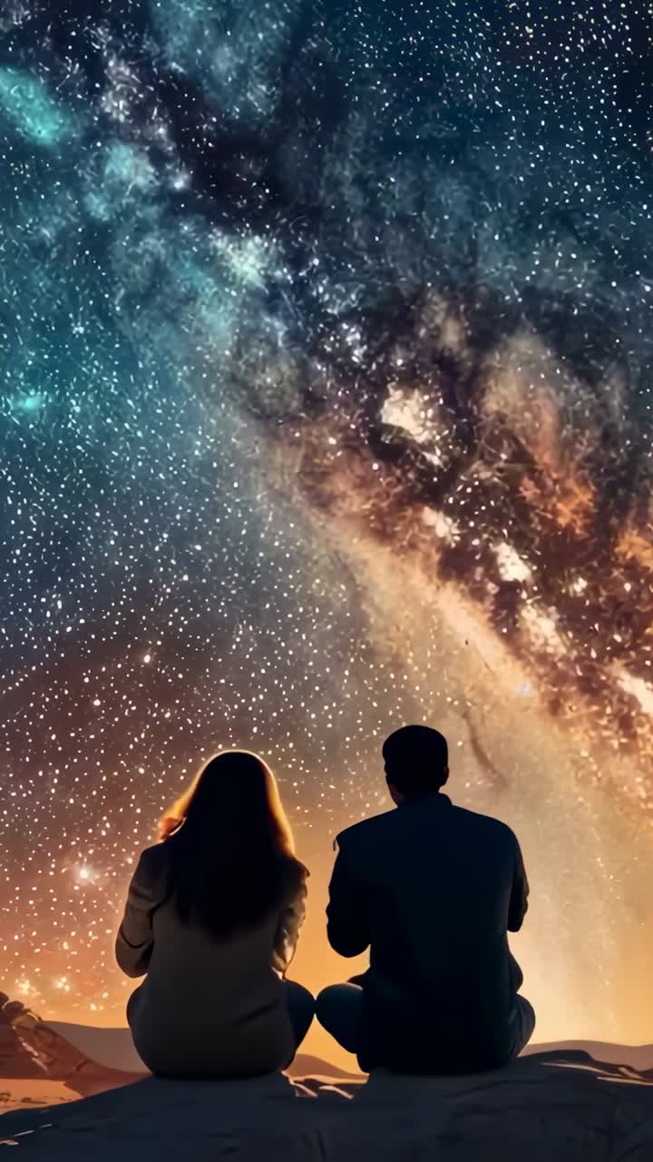 Vertical video: Arriving adult couple sitting on dune at night observing Milky Way, with lantern