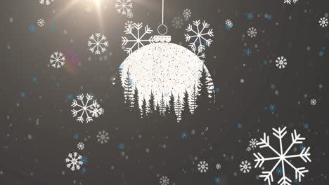 animation of snowflakes falling over hanging bauble decoration and light spot on grey background