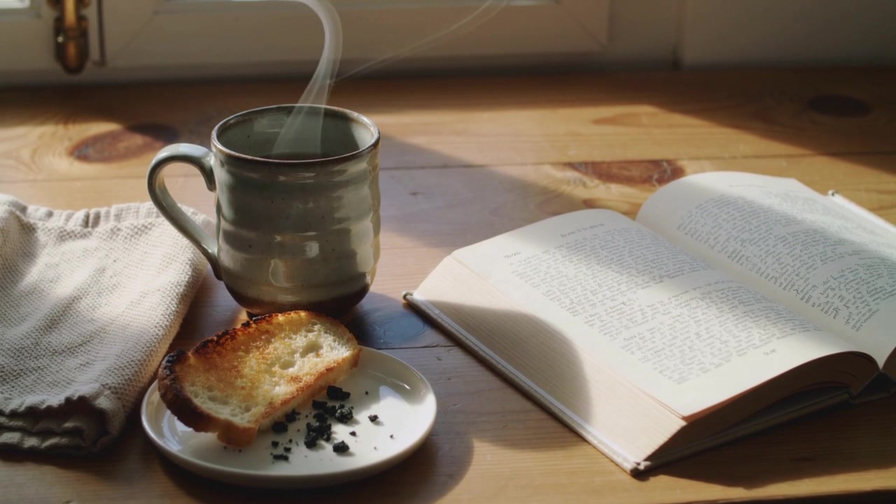 Una taza verde sobre una mesa de casa, soltando vapor después de servir, la luz del sol moviéndose sobre un libro y una tostada.