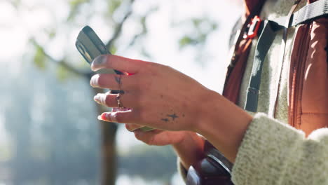 camping, búsqueda y mujer con teléfono en el bosque
