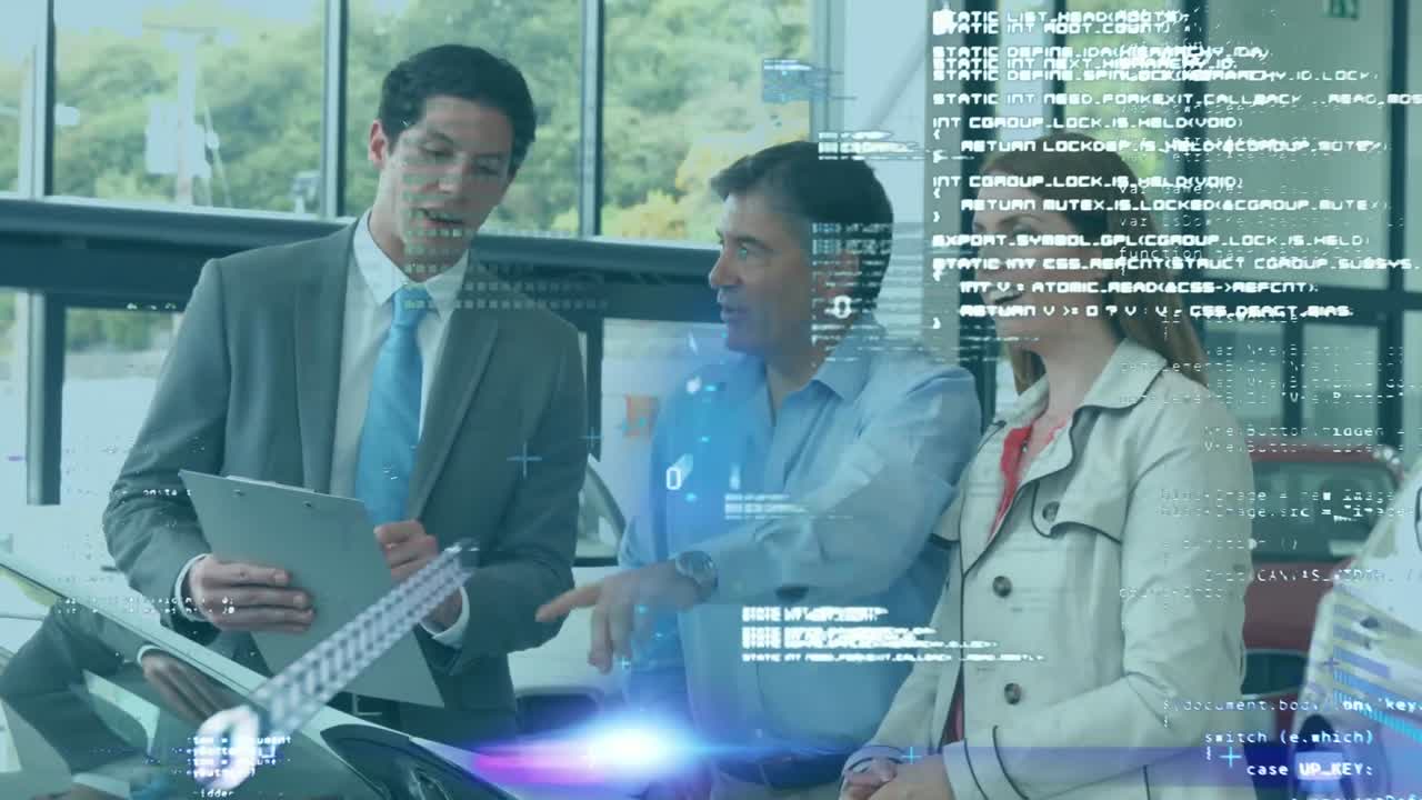 procesamiento de datos y números flotando hacia la cámara sobre un grupo de personas