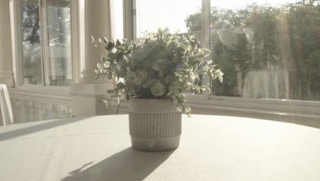 close up of vase of white flowers above a ceremony table, in background pergola with decorations