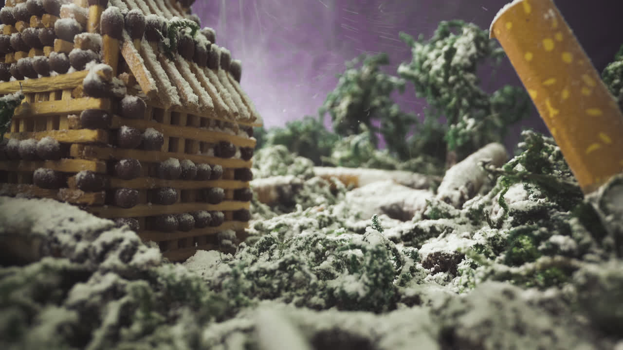 escena con construcción de cerillas y trozos de humo durante la nevada