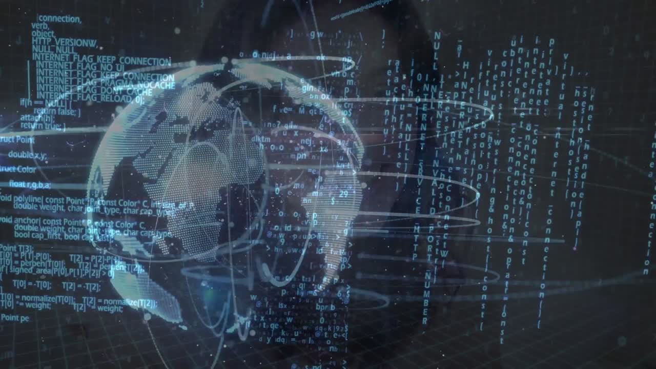 Animation of globe and data processing over caucasian woman using smartphone