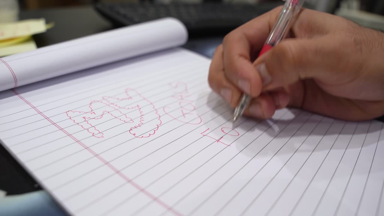 Primo piano di una mano che scrive obiettivi per il 2027 in un quaderno a righe con una penna su una scrivania, mostrando pianificazione, prendere appunti e organizzazione personale in uno spazio di lavoro interno