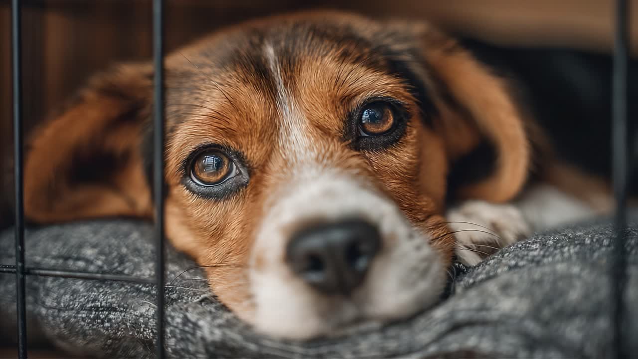 A Beagle's Expression of Anticipation: Heartfelt Moments Captured as a Dog Awaits, Showcasing Loyalty and Tenderness in a Cozy Crate Environment