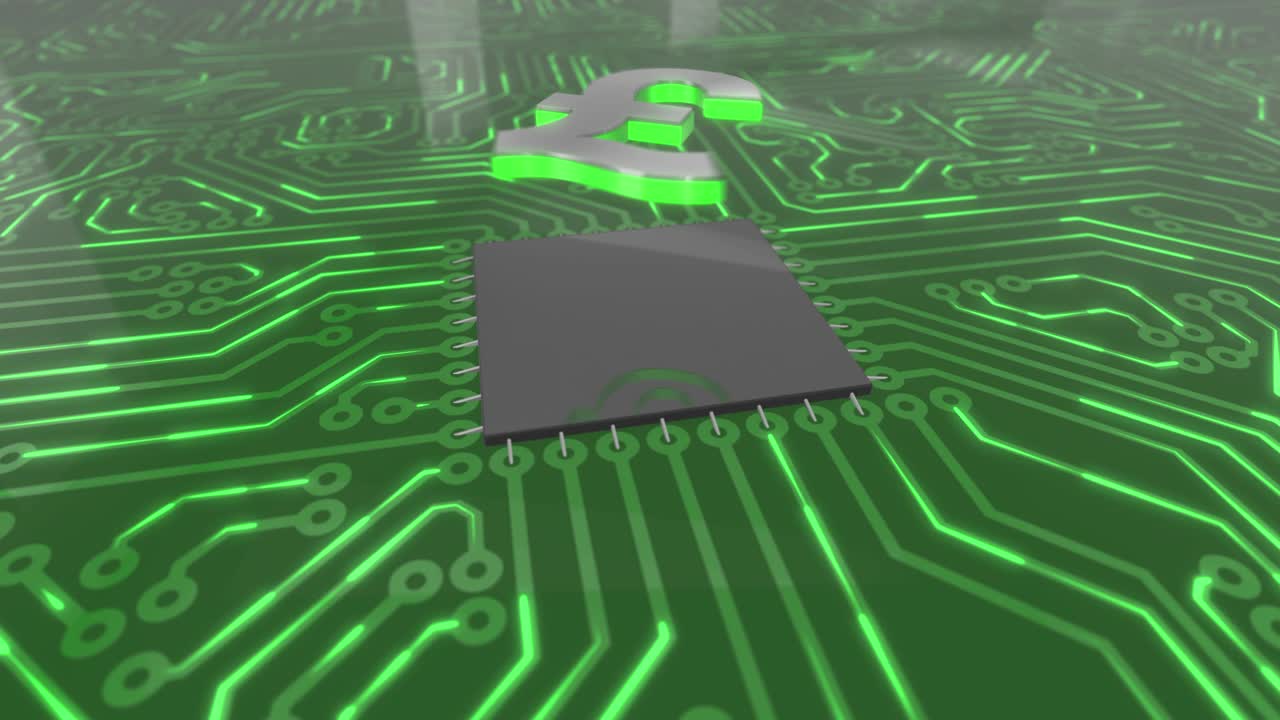 어두운 녹색 회전 컴퓨터 회로 보드 개념 영국 파운드 루프 4k