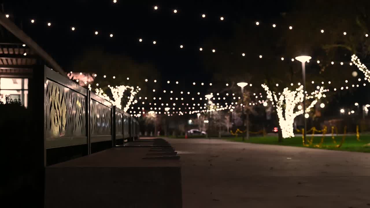 A scene of a cold christmas night, empty walk way with broken christmas lights. 4k, HD