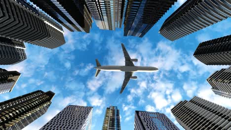 airplane flying over business center under cloudscape