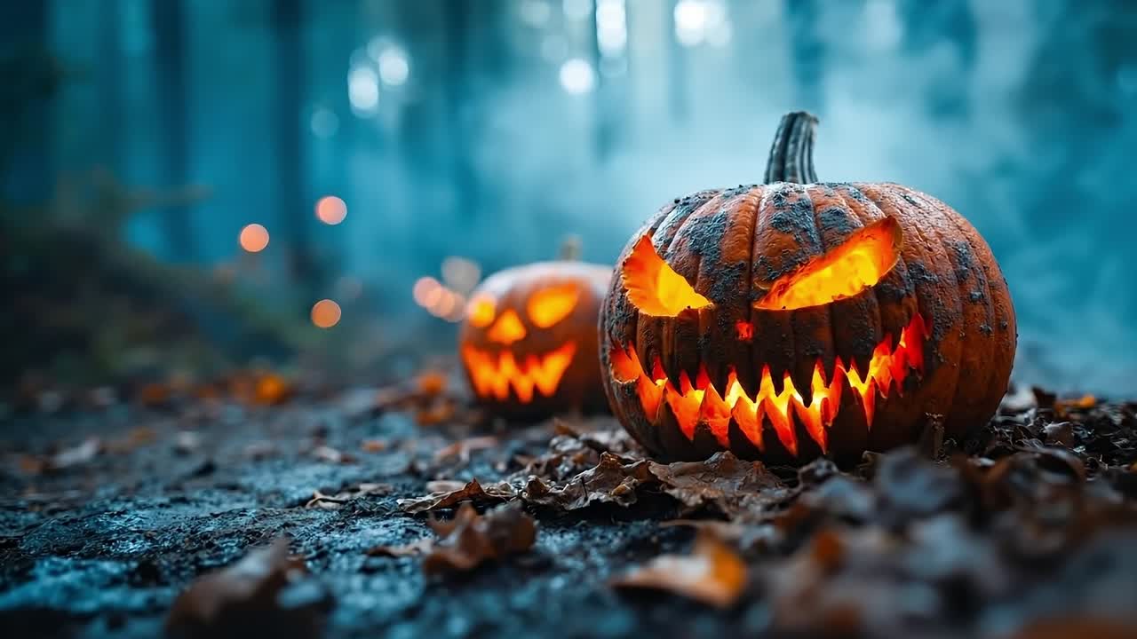 un par de calabazas sentadas en la parte superior de un piso del bosque