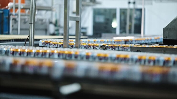 Soda cans in a factory production line