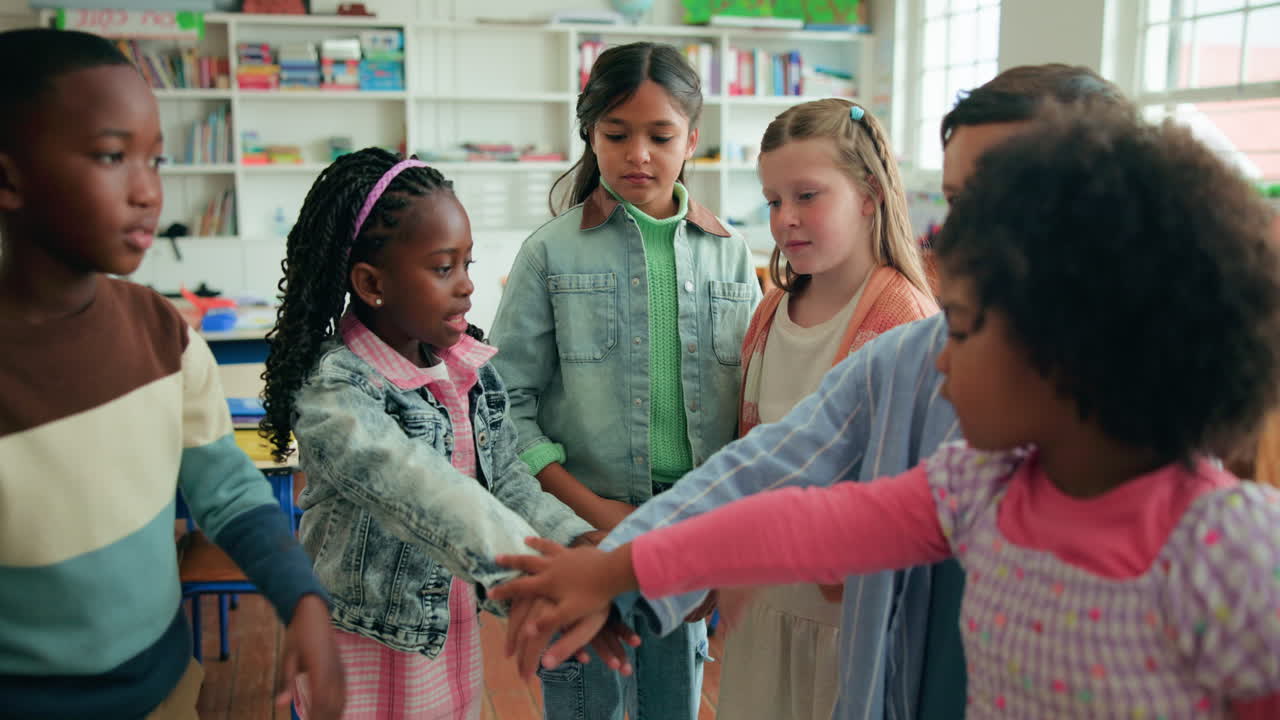 Diverse group of schoolchildren celebrating success in the classroom