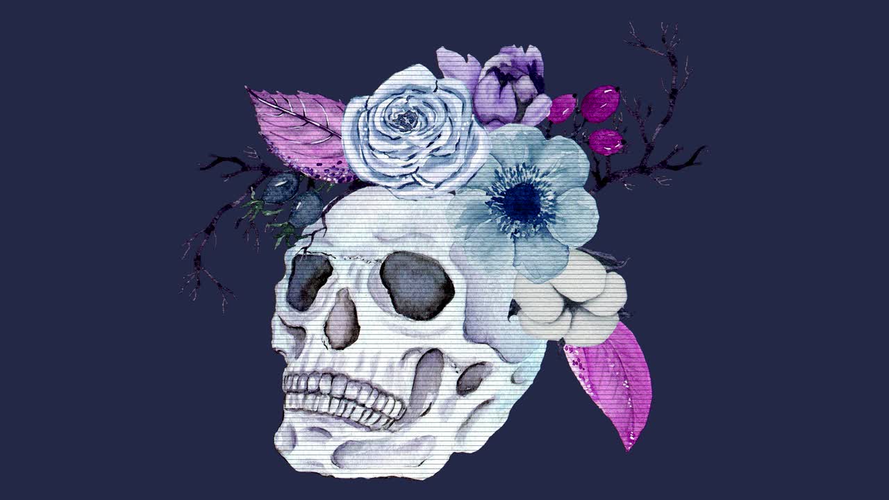 хэллоуинская анимация с акварельным черепом, цветами, декоративным декором в винтажном стиле бохо. анимация бесшовной петли.