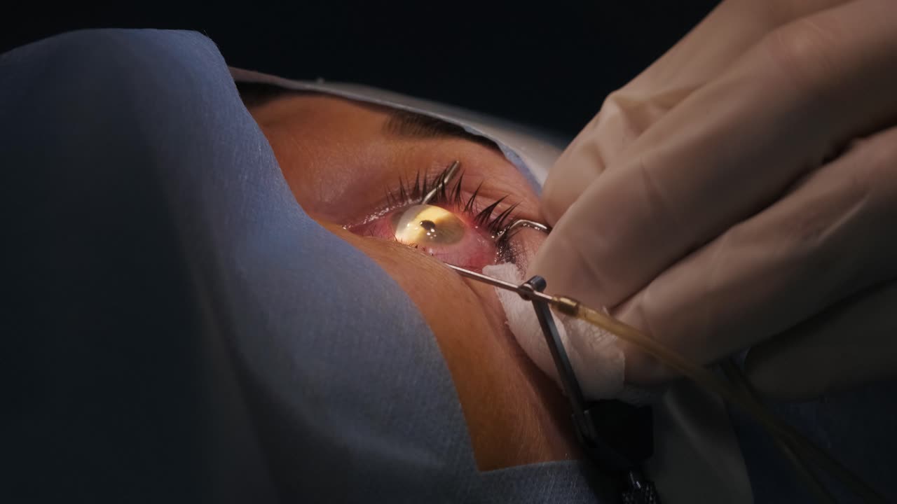 Correção da visão a laser. Paciente e equipe de cirurgiões na sala de cirurgia durante cirurgia oftálmica. Espéculo palpebral. Tratamento Lasik. Paciente sob cobertura estéril