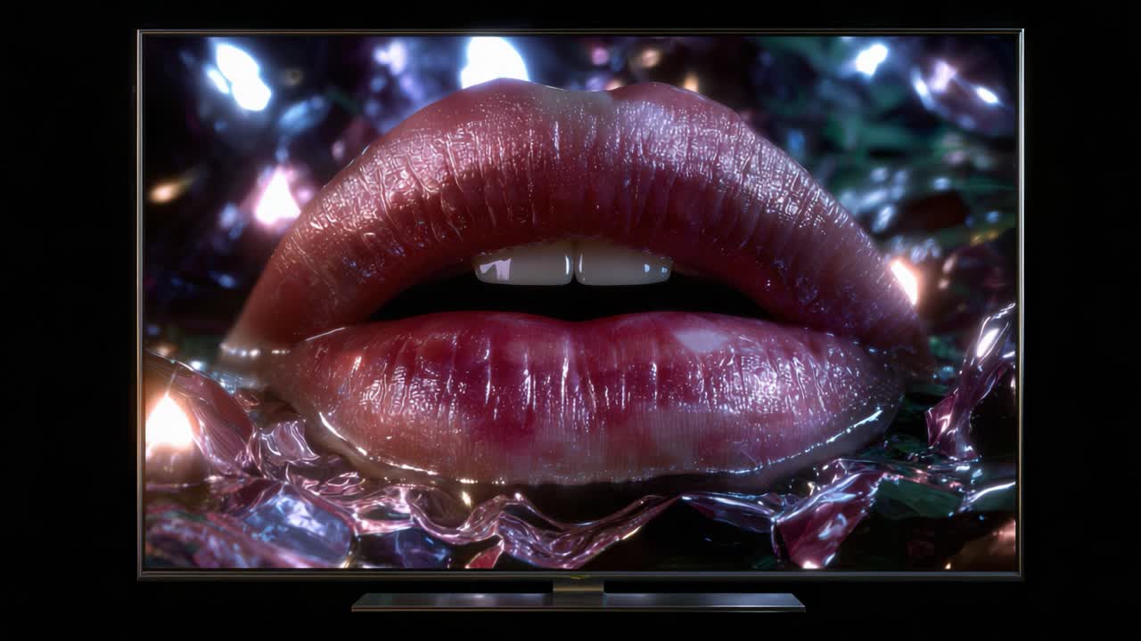 Nahaufnahme von glänzenden, texturierten Lippen, umgeben von schimmernden, reflektierenden Oberflächen, die Schönheit und künstlerischen Ausdruck in einer lebendigen visuellen Anordnung zeigen.