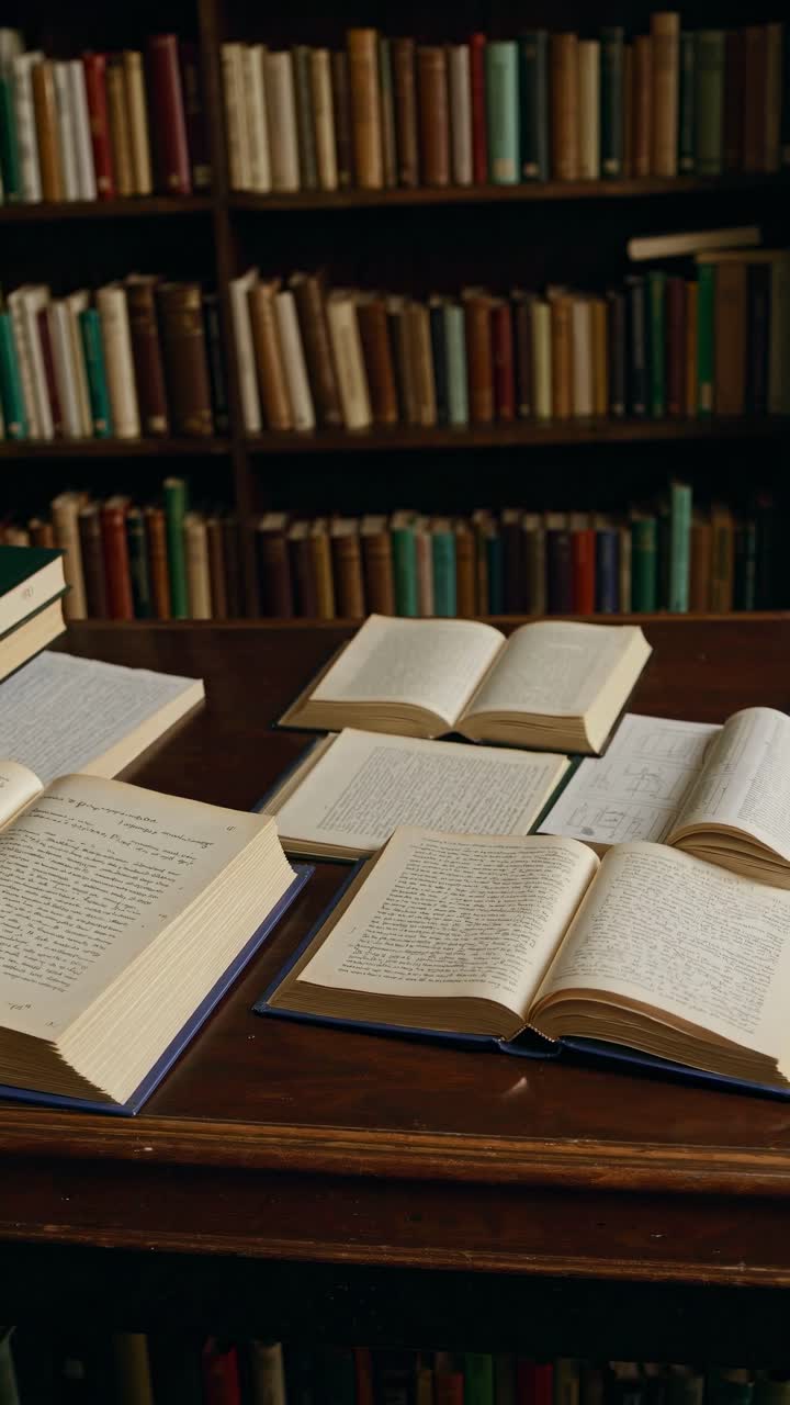 A cozy library scene with open books on a wooden table, captured from a high angle