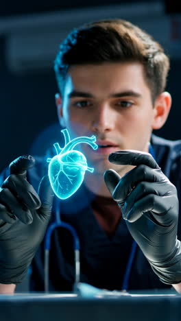 Person in gloves holding a glowing holographic heart, representing medical innovation