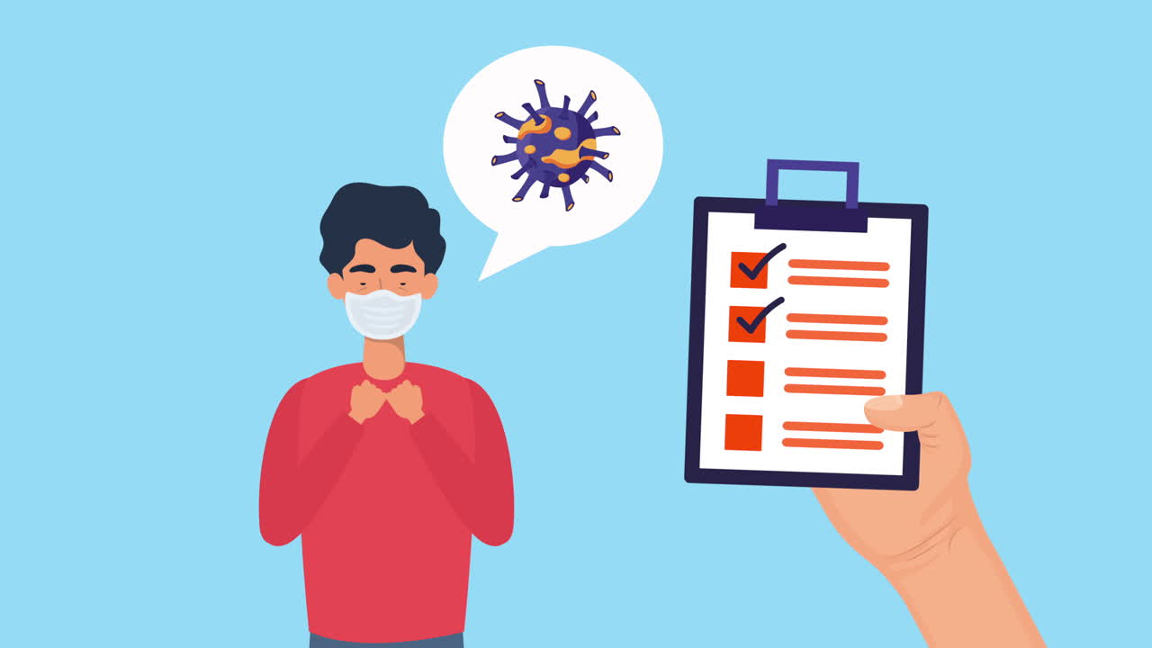 질병 또는 바이러스에 대한 체크리스트가있는 마스크를 착용하는 사람