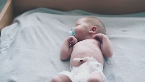 newborn boy with short blond hair and pacifier in mouth