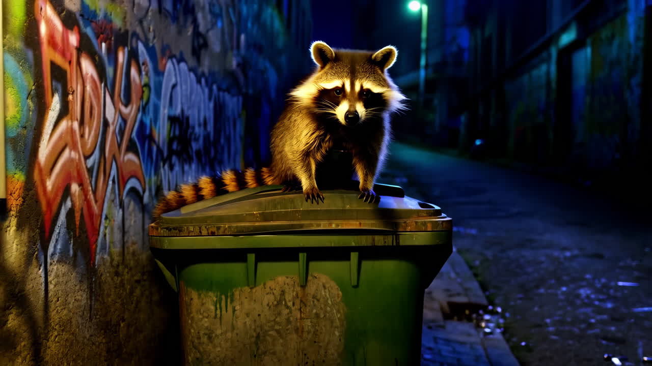 Raccoon on a Trash Can in a Graffiti Alley at Night