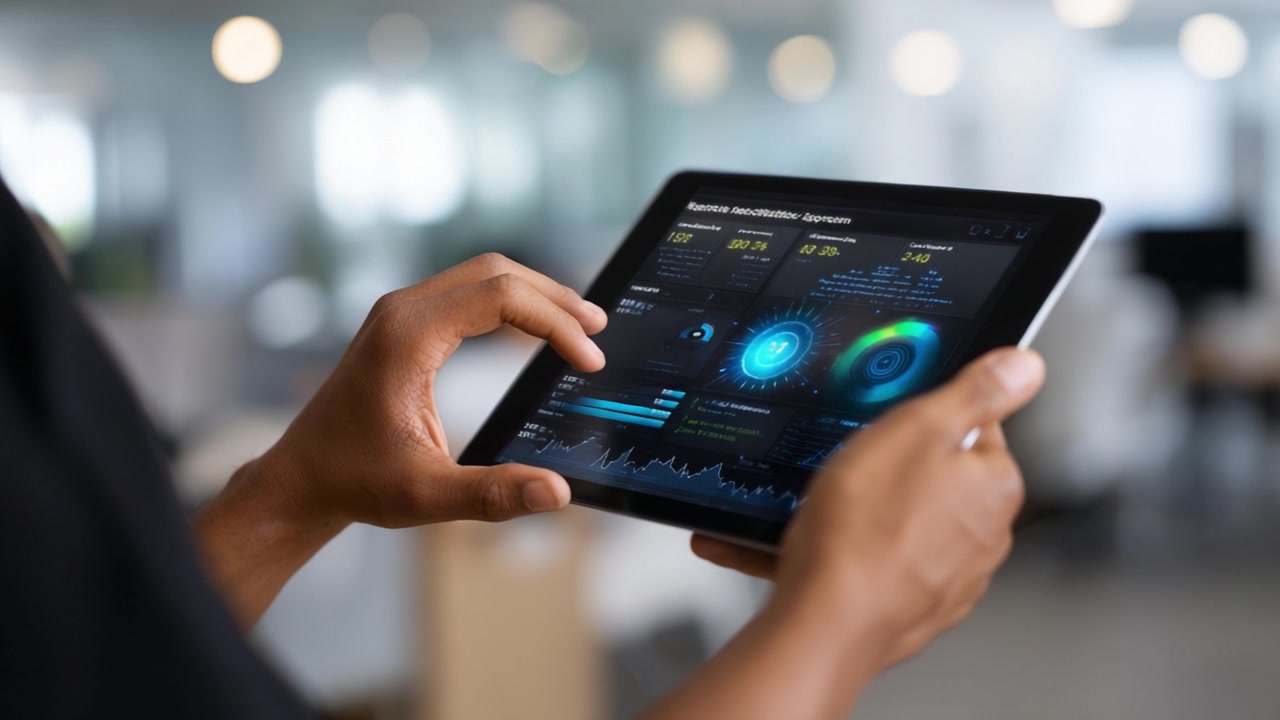 A user interacts with a digital tablet, displaying vibrant analytics and visualizations, in a modern workspace filled with soft lighting and blurred backgrounds.