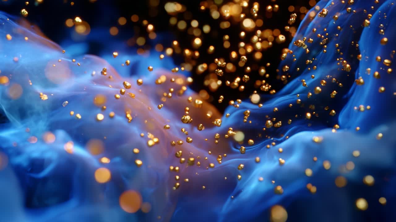 Una danza ipnotica di particelle dorate che turbinano in un paesaggio etereo di volute blu e arancioni, creando una sinfonia visiva accattivante che evoca sensazioni di meraviglia e tranquillità